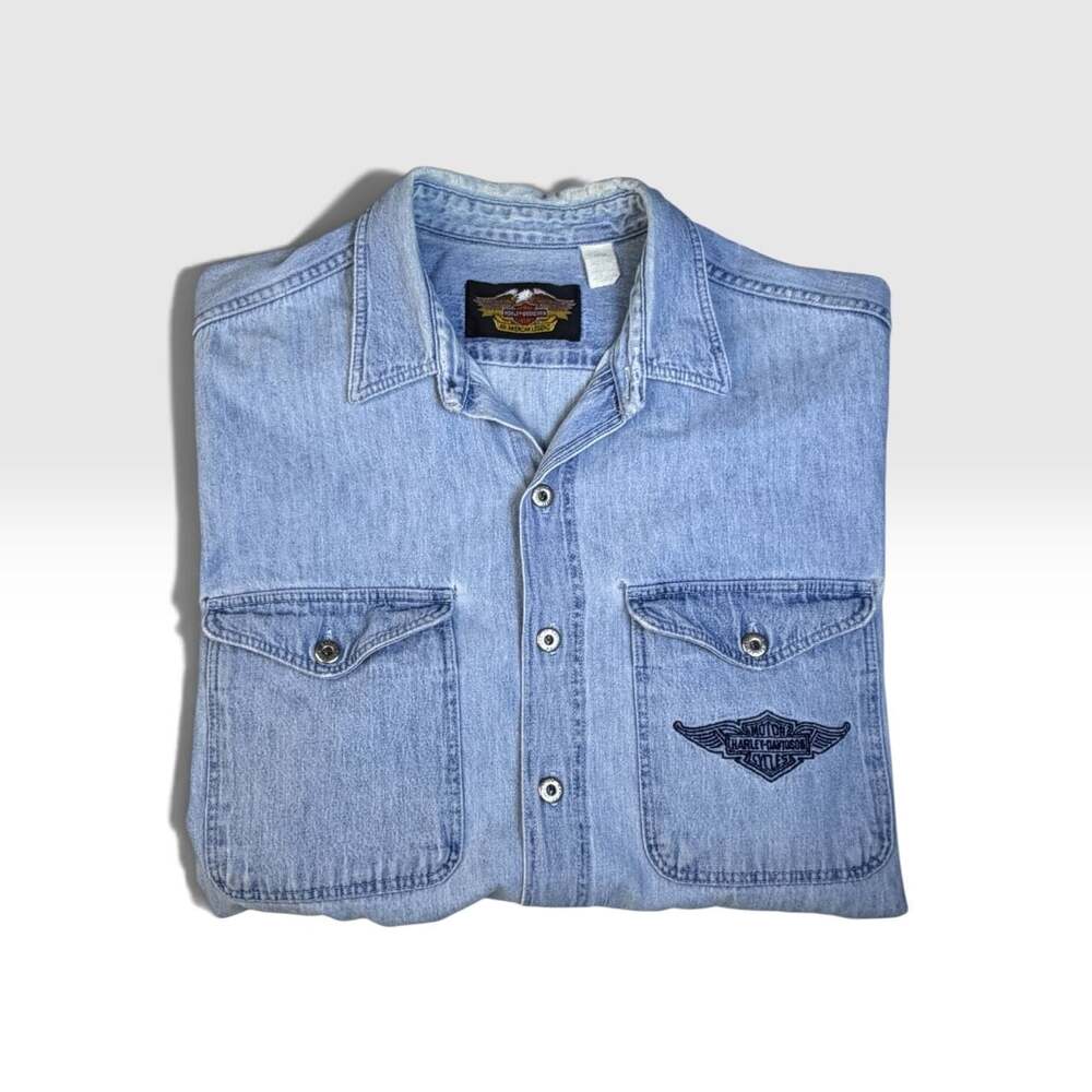 Distressed Harley Davidson Denim Shirt Mens L
